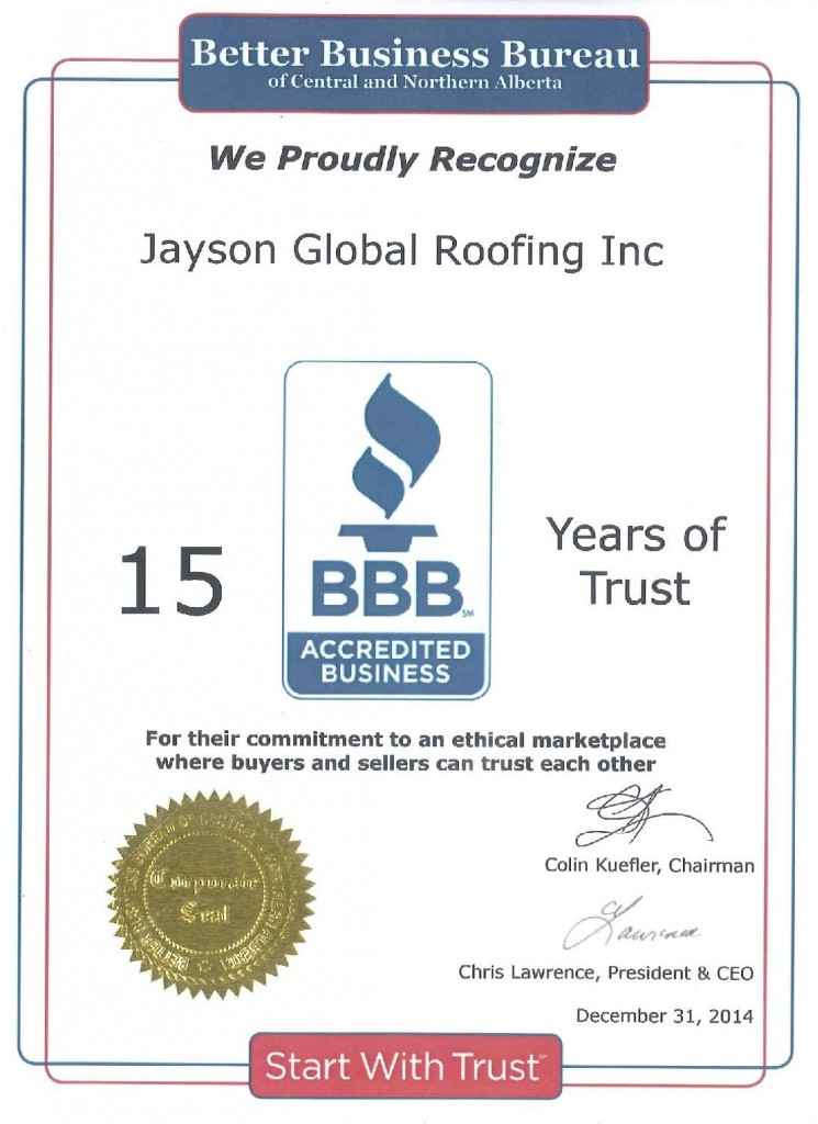 The BBB has awarded Jayson Global with their certificate for “15 Years of Trust” Edmonton, AB