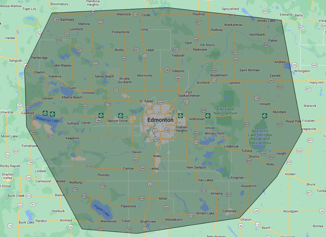 Jayson Global Roofing service area map Edmonton, AB